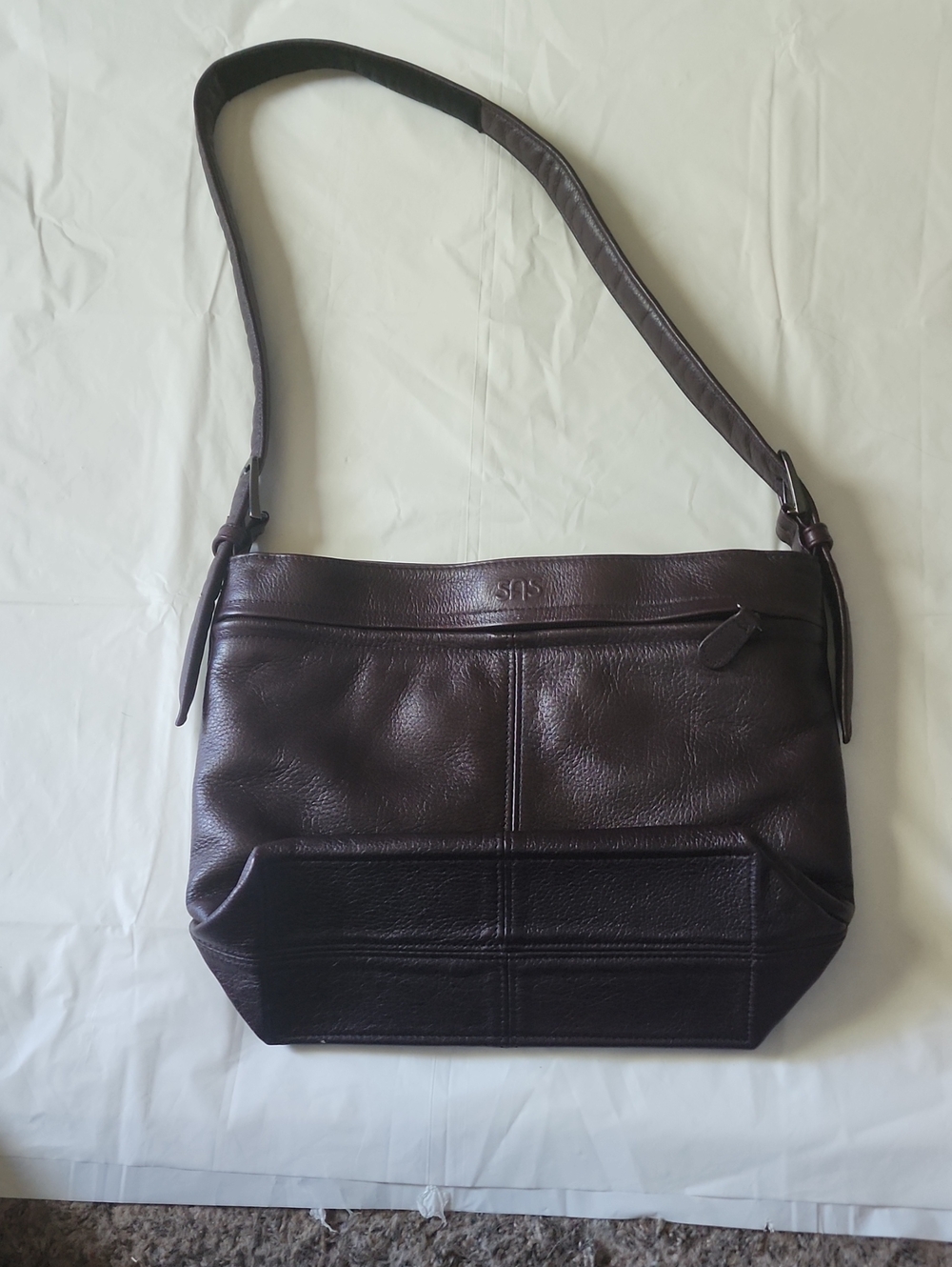 SAS Dark Brown Leather Shoulder Bag with Zip Pocket